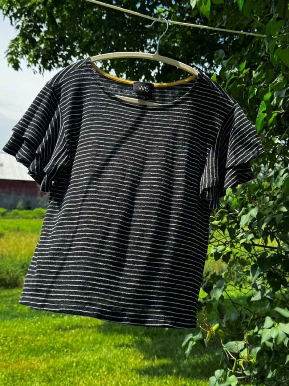 W5 Concepts Black and White Striped Tee with Double Ruffled Sleeves
